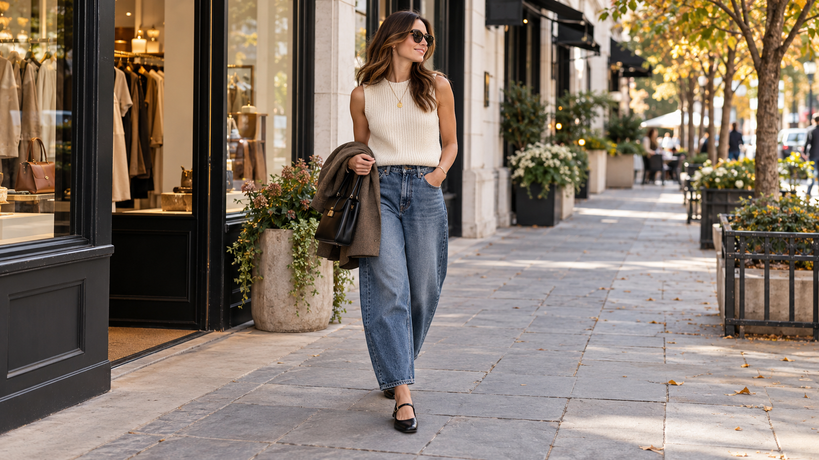 Sleeveless Knit Top with Barrel Jeans and Mary Jane Flats